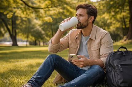 Vīrietis sēž zālē un dzer no reklāmas krūzes, ilustrējot noderīgas prezentreklāmas dāvanas