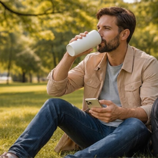 Vīrietis sēž zālē un dzer no reklāmas krūzes, ilustrējot noderīgas prezentreklāmas dāvanas
