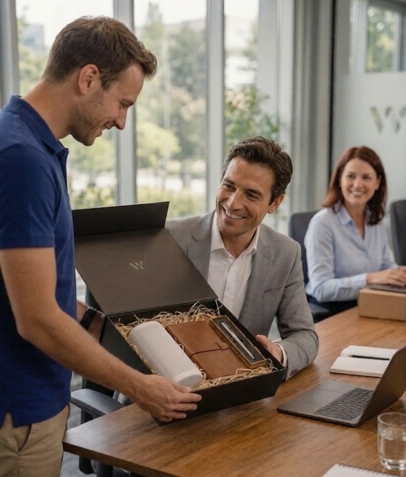 Biznesa dāvanas pasniegšana birojā sadarbības partnerim negaidītā brīdī