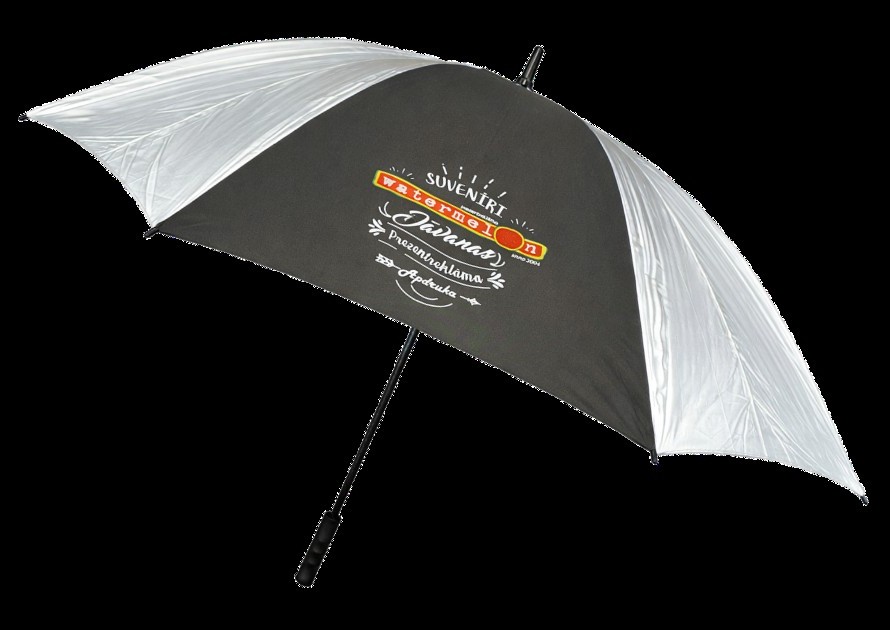 Lietussargs ar sudraba atstarojošiem sektoriem un melniem paneļiem ar Watermelon SIA logo apdruku.