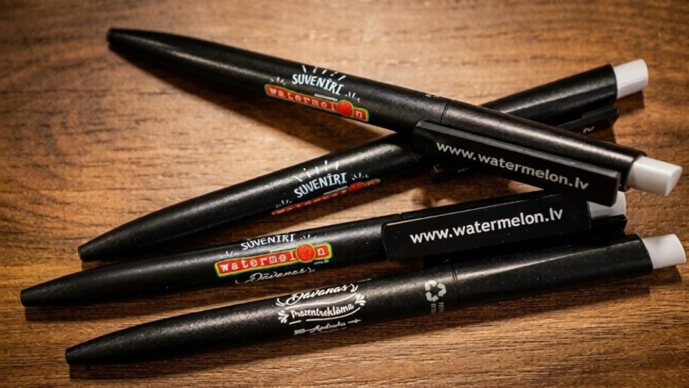 Melnas Watermelon prezentreklāmas pildspalvas ar logo un mājaslapas adreses apdruku uz koka fona.