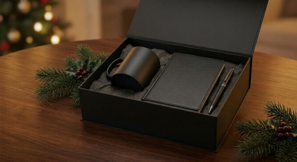 Elegants melns biznesa dāvanu komplekts ar krūzi un pildspalvu dāvanu kastē.